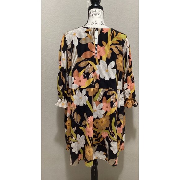 Who What Wear Black Floral Boho Tunic Dress With 3/4 Ruffle Sleeves & Back Butto - Picture 5 of 5